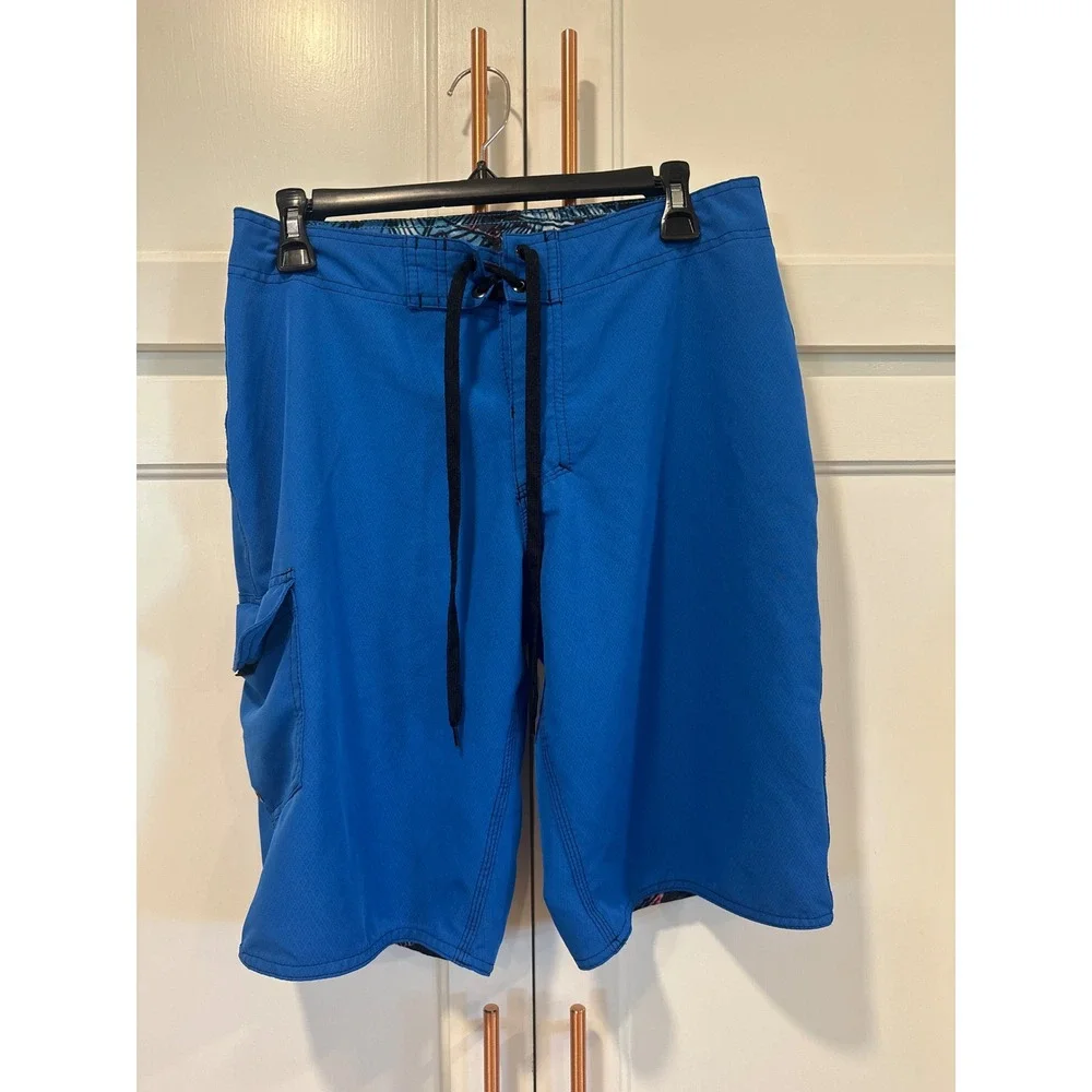 Burnside Mens Board Shorts Royal Blue Cargo Pocket Swim Trunks Size 30 beach